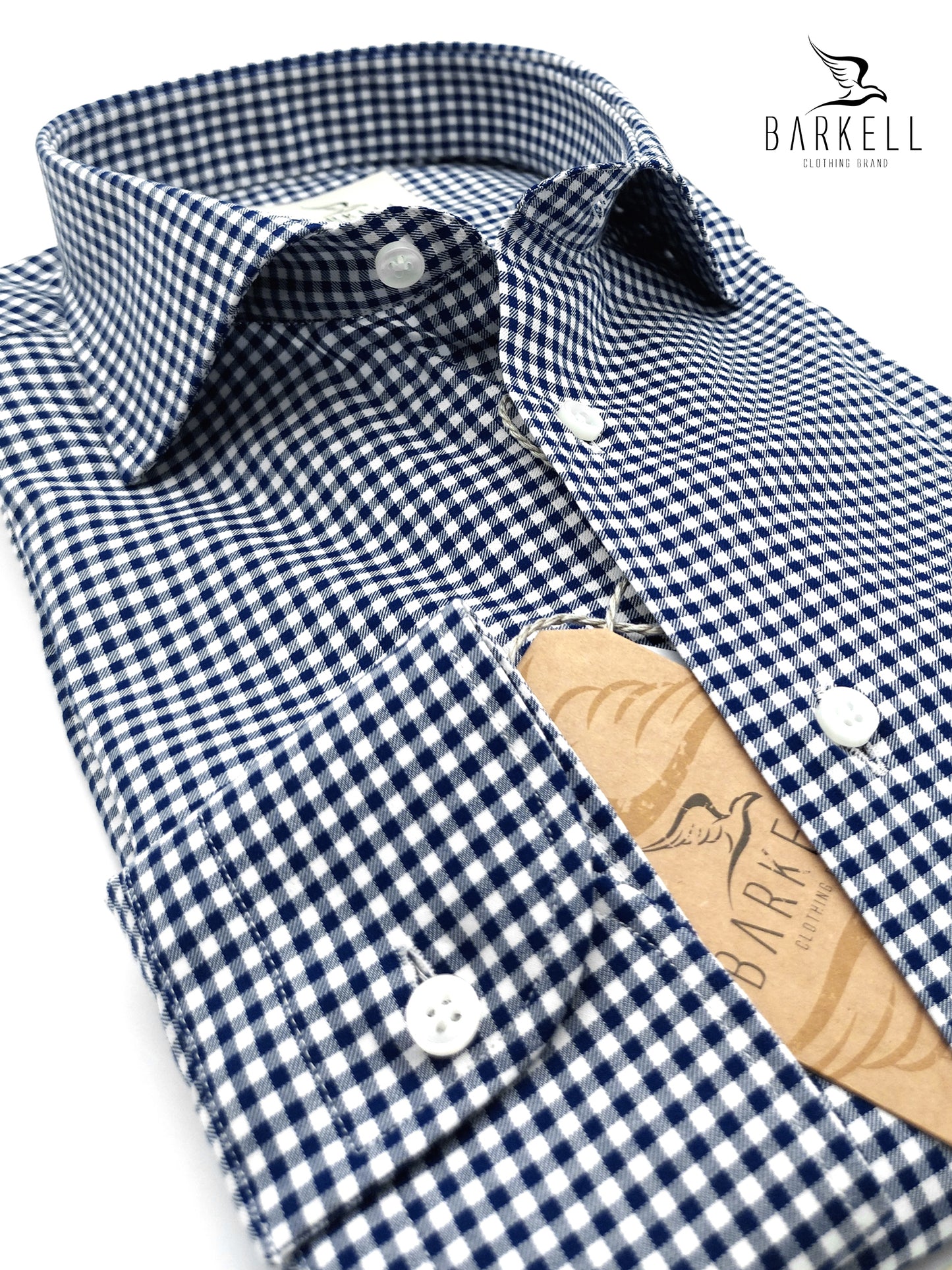 Camicia in Cotone Quadretto Blu e Bianco Collo Francese