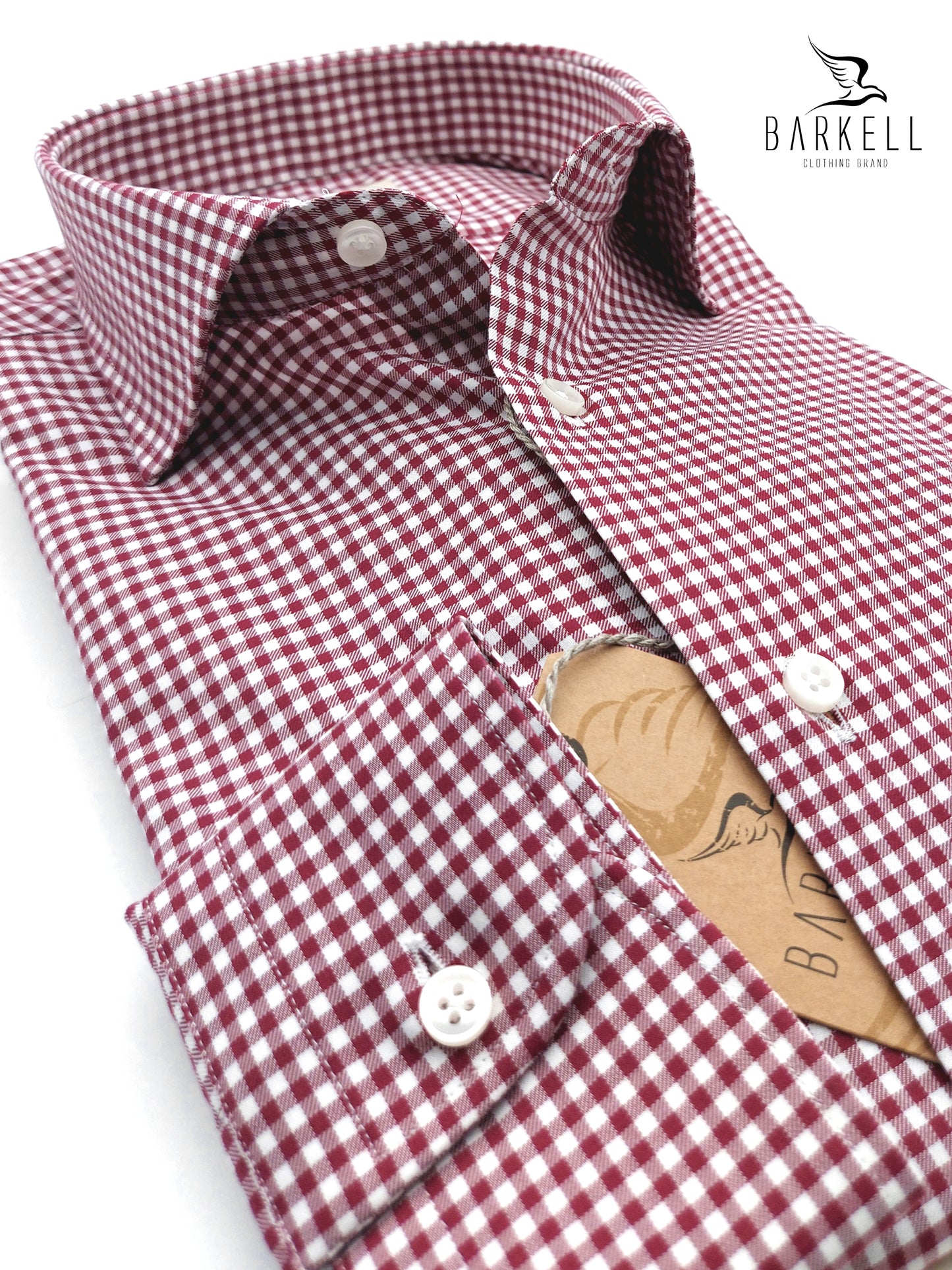 Camicia in Cotone Quadretto Rosso e Bianco Collo Francese