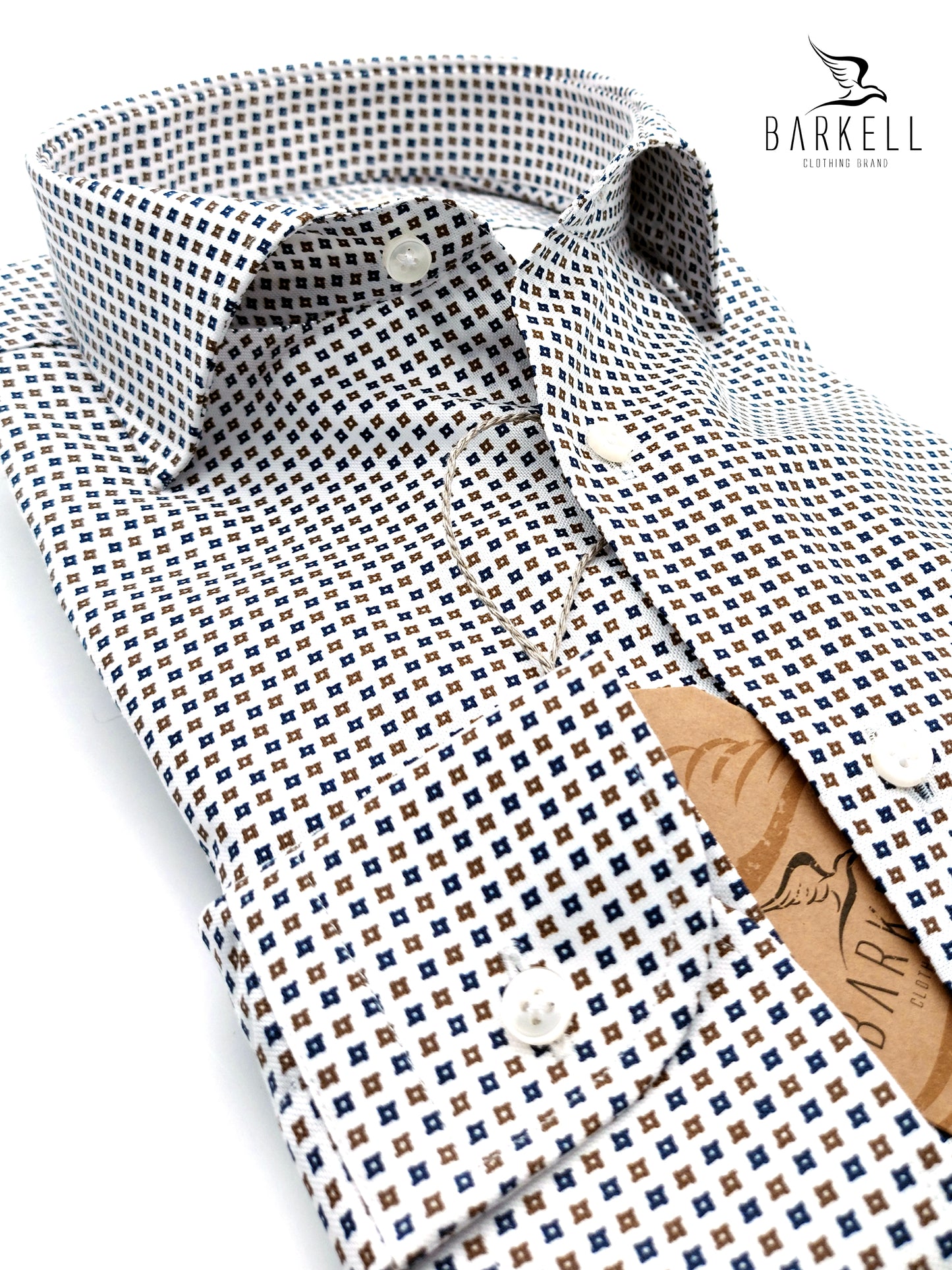 Camicia in Cotone Fantasia Geometrica Blu e Marrone Fondo Bianco Collo Francese