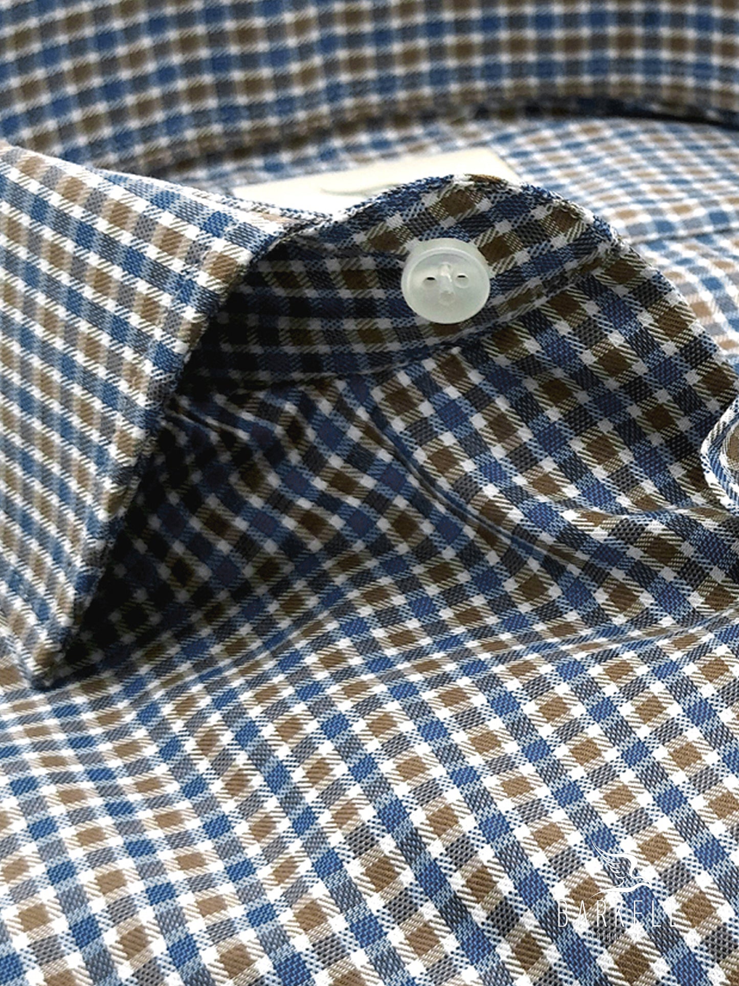 Camicia in Cotone Quadretto Avio e Nocciola Collo Francese