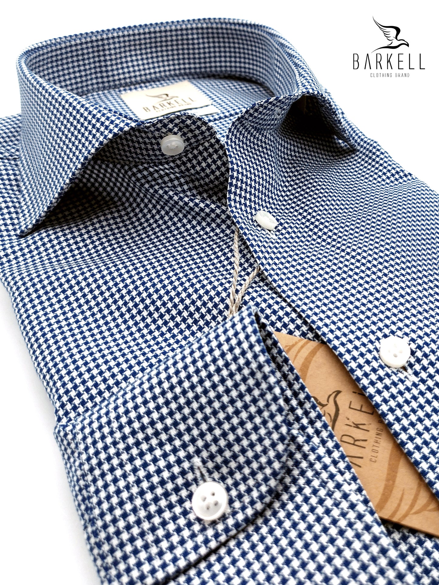 Camicia in Cotone No Stiro Microfantasia Pied de Poule Blu e Bianco Collo Francese