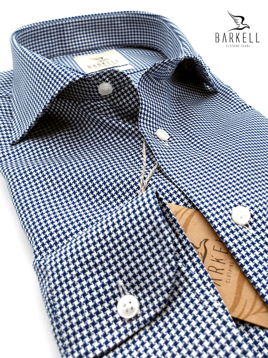 Camicia in Cotone No Stiro Microfantasia Pied de Poule Blu e Bianco Collo Francese