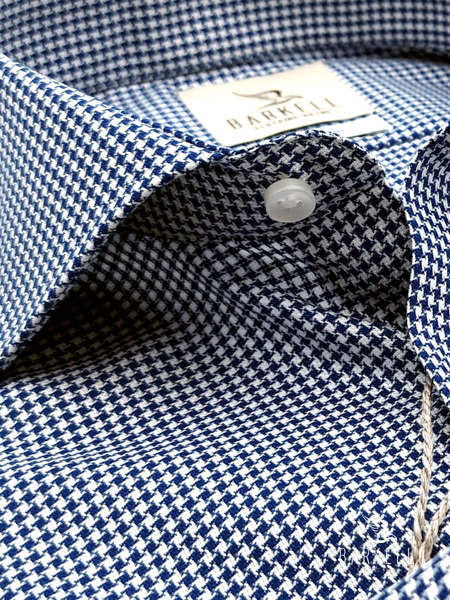 Camicia in Cotone No Stiro Microfantasia Pied de Poule Blu e Bianco Collo Francese