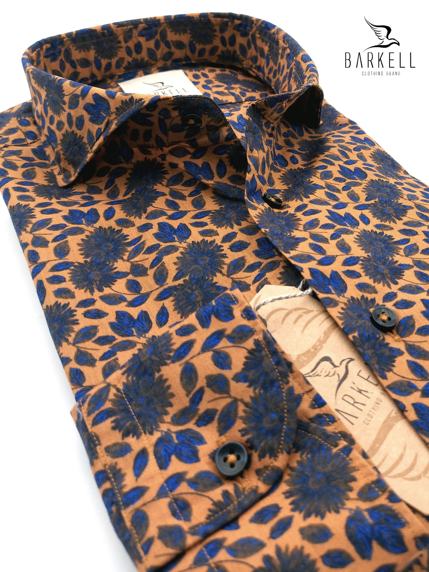 Camicia in Cotone Fantasia Floreale Multicolore Fondo Zucca Collo Francese Cutaway