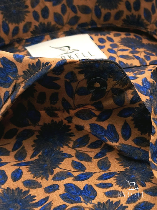 Camicia in Cotone Fantasia Floreale Multicolore Fondo Zucca Collo Francese Cutaway