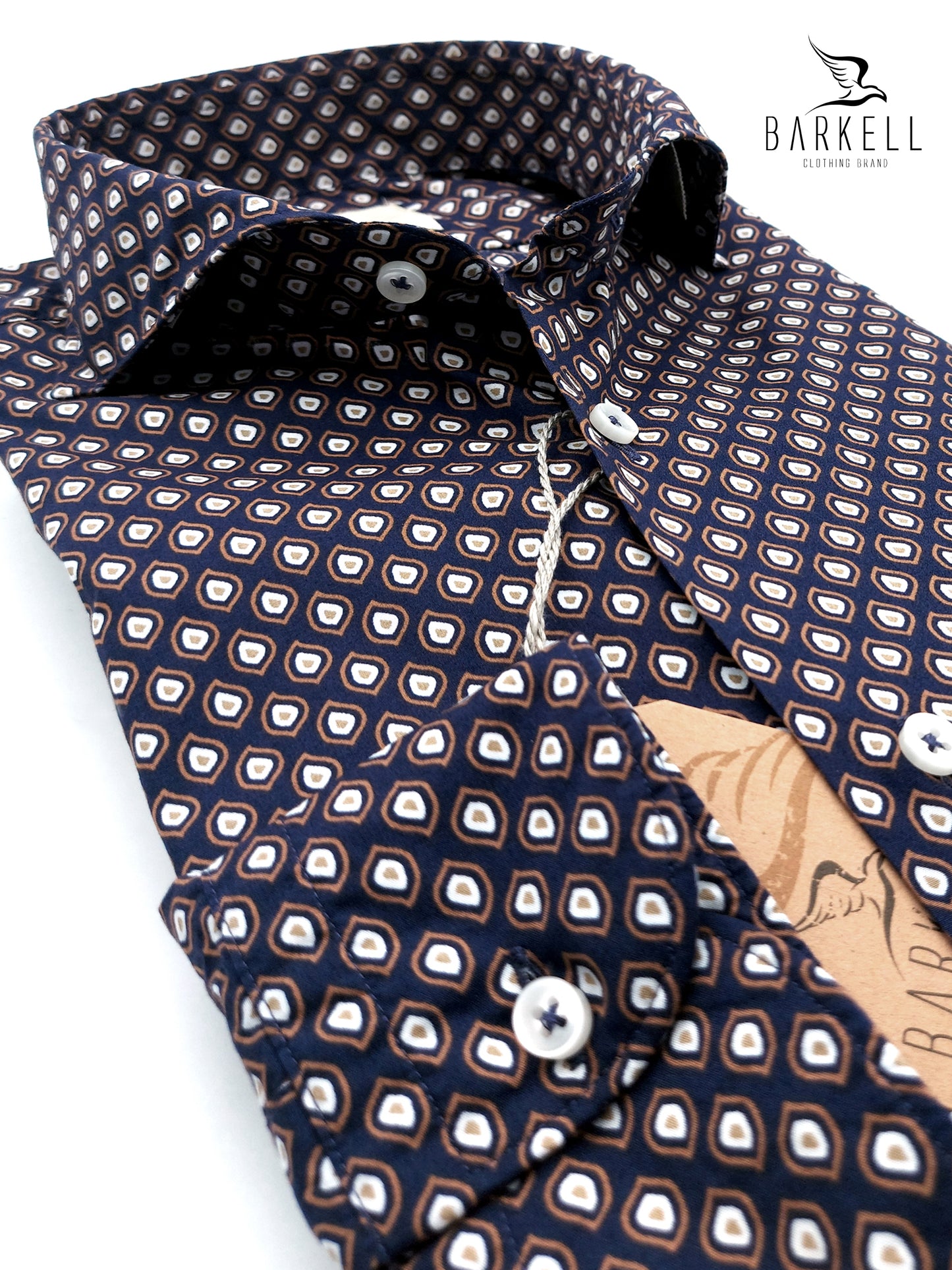 Camicia in Cotone Fantasia Fogliolina Multicolore Fondo Blu Collo Francese Cutaway