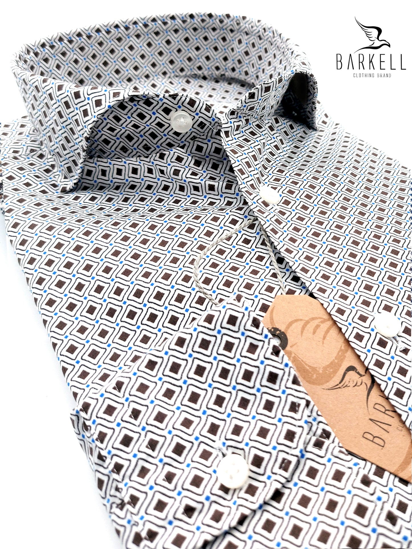 Camicia in Cotone Fantasia Geometrica Multicolore Fondo Bianco Collo Francese Cutaway