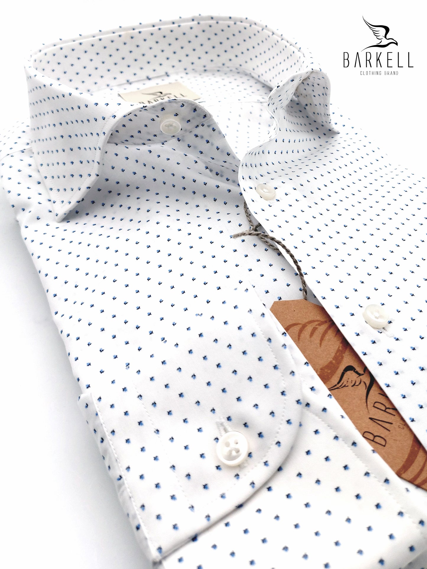 Camicia in Cotone Doppio Ritorto Fantasia Microfiore Blu Fondo Bianco Collo Francese