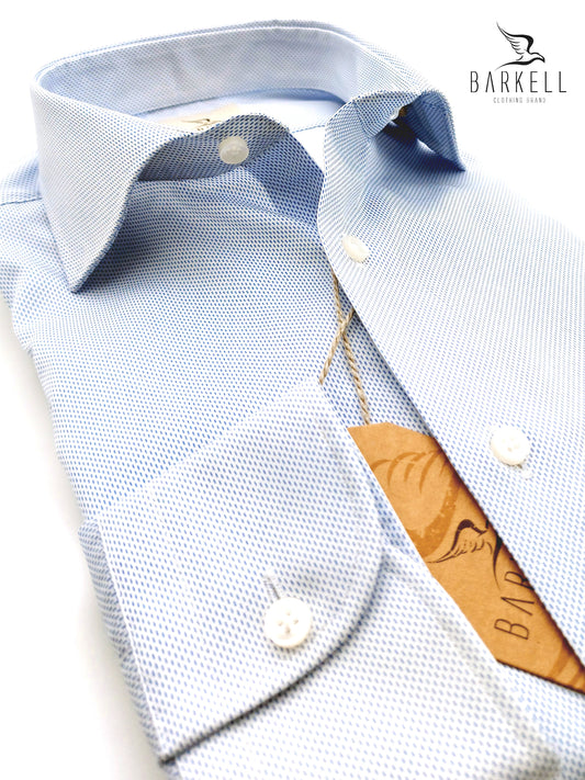 Camicia in Cotone No Stiro Microfantasia Tratto Blu Celeste Collo Francese