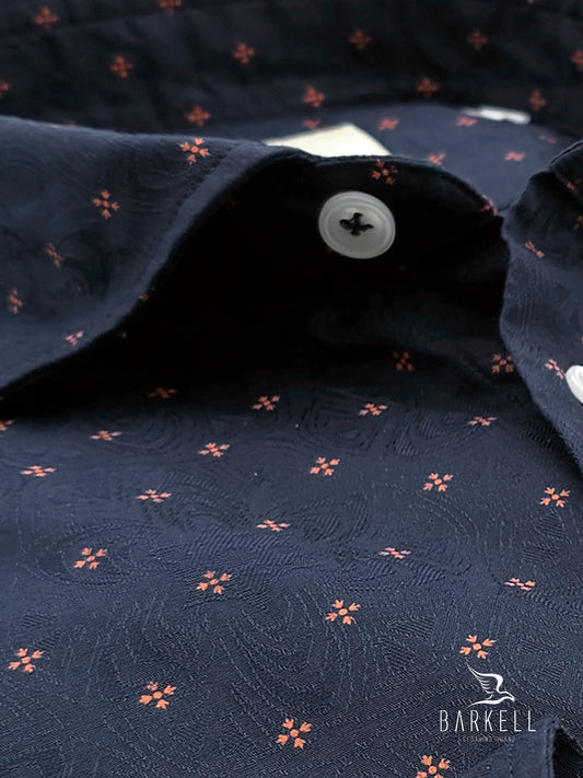 Camicia in Cotone Jacquard Fantasia Geometrica Salmone Fondo Blu Collo Francese Piccolo