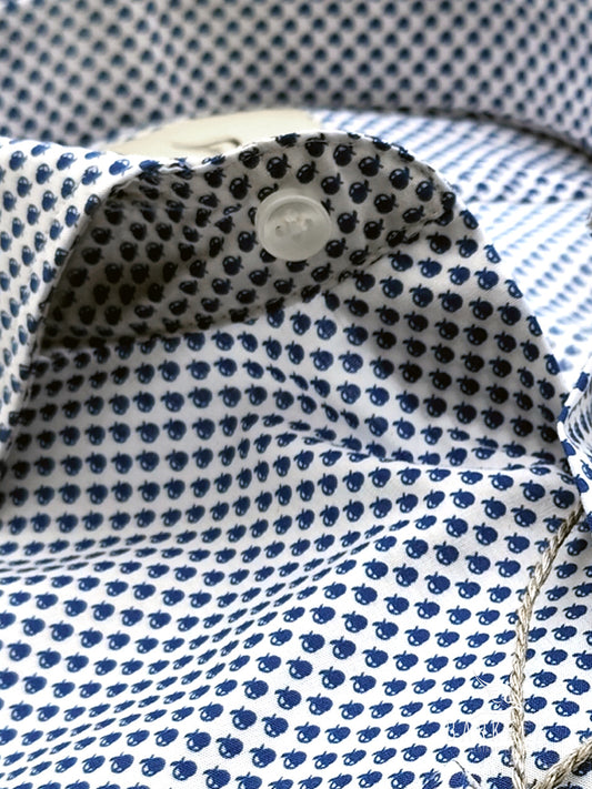 Camicia in Cotone Microfantasia Mela Blu Fondo Blu Collo Francese