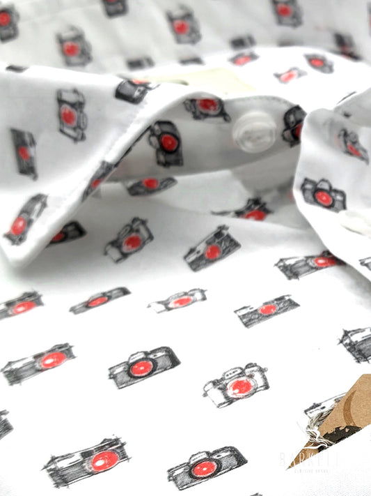Camicia in Cotone Fantasia Macchina Fotografica Fondo Bianco Collo Francese Piccolo