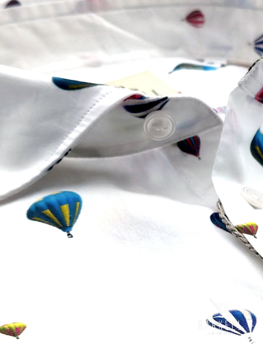 Camicia in Cotone Fantasia Mongolfiera Multicolore Fondo Bianco Collo Francese Piccolo