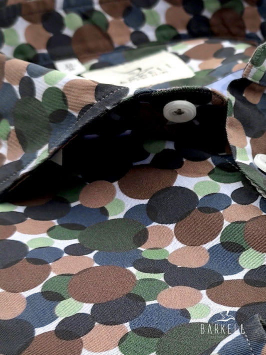 Camicia in Cotone Fantasia Pois Multicolore Fondo Celeste Collo Francese Piccolo