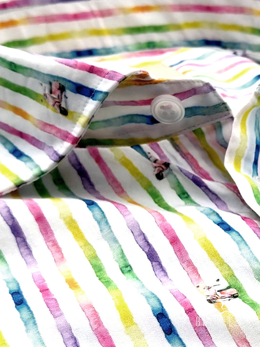 Camicia in Cotone Fantasia Riga Multicolore e Vespa Fondo Bianco Collo Francese Piccolo