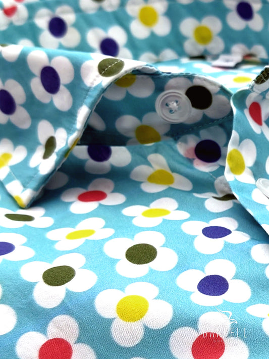 Camicia in Cotone Fantasia Fiore Stilizzato Multicolore Fondo Turchese Collo Francese Piccolo
