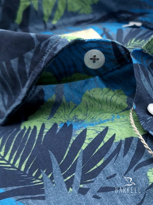 Camicia in Cotone Fantasia Palme Tropicali Fondo Multicolore Collo Francese Piccolo