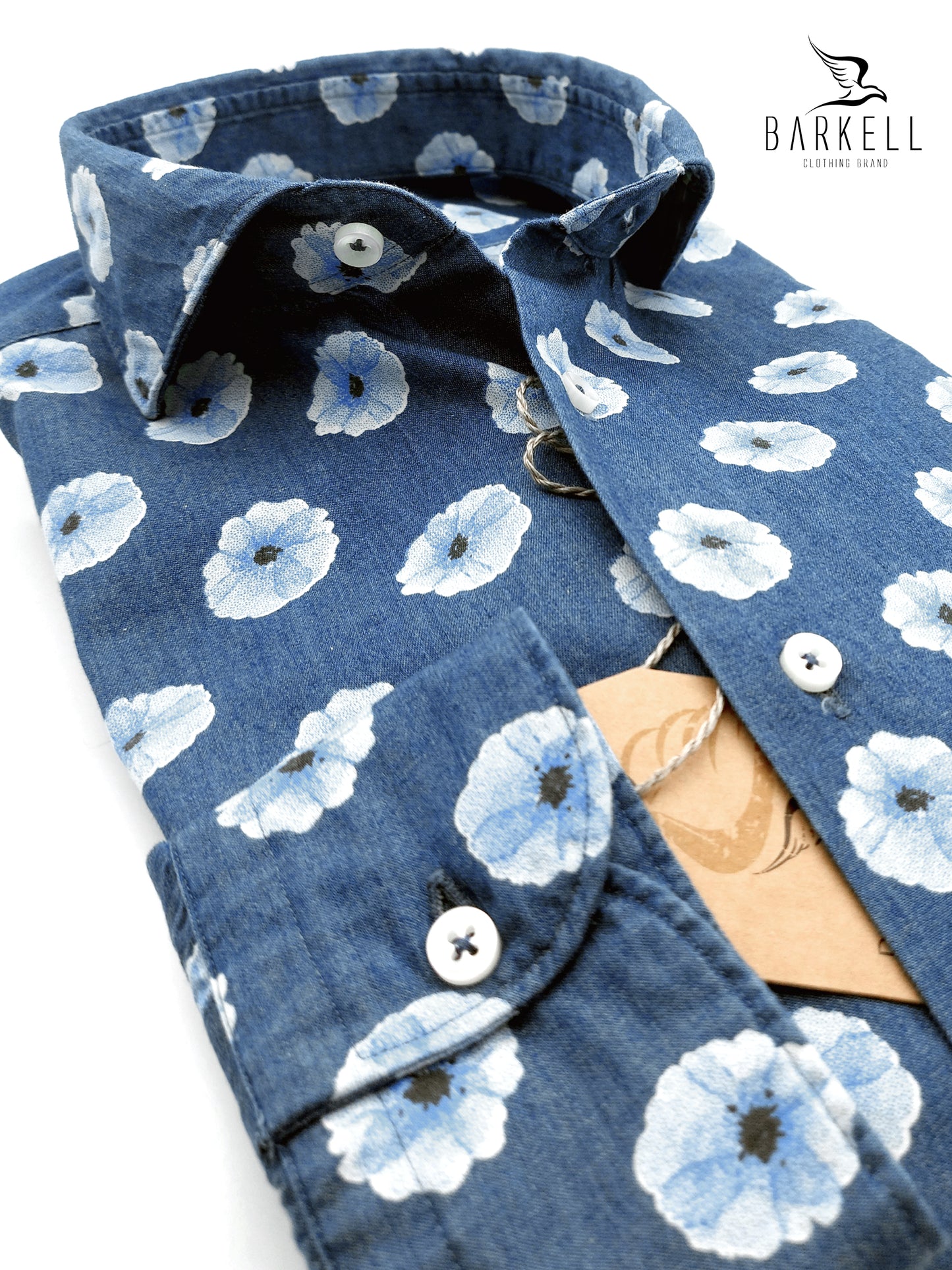 Camicia in Jeans Fantasia Fiori Azzurri Fondo Stone Denim Medio Collo Francese Cutaway