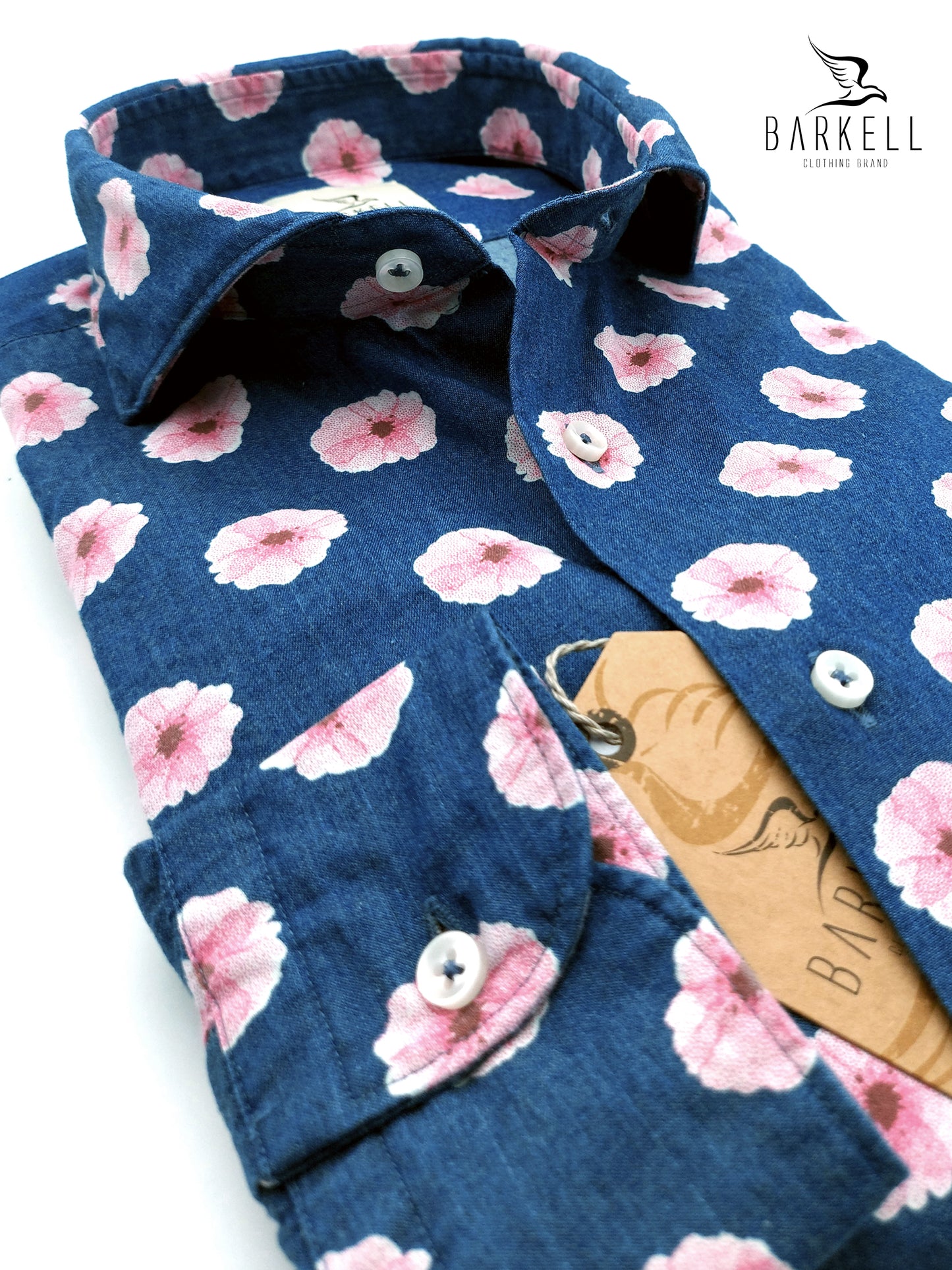 Camicia in Jeans Fantasia Fiori Rosa Fondo Stone Denim Medio Collo Francese Cutaway