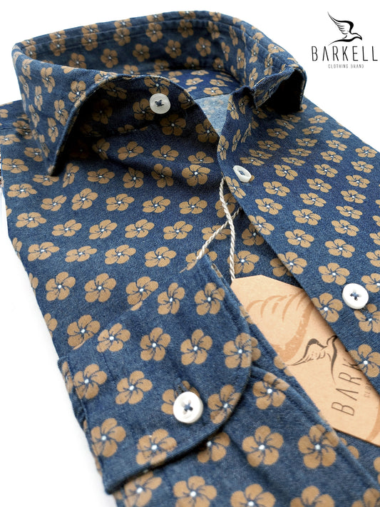 Camicia in Jeans Fantasia Fiore Nocciola Fondo Stone Denim Medio Collo Francese Cutaway