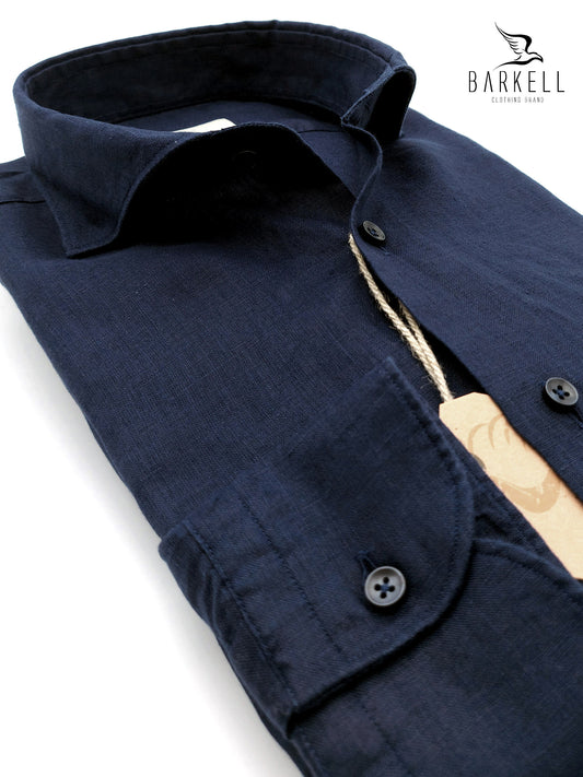 Camicia in Misto Lino Blu Collo Francese Cutaway