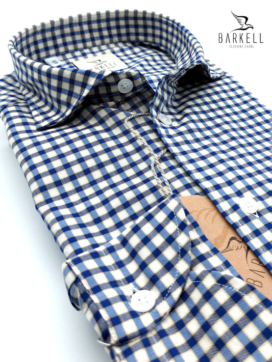 Camicia in Cotone Quadretto Azzurro e Bianco Collo Francese Piccolo