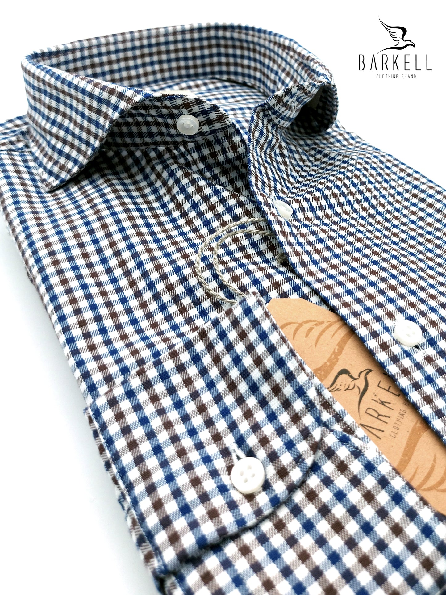 Camicia in Cotone Quadretto Marrone e Blu Collo Francese Cutaway