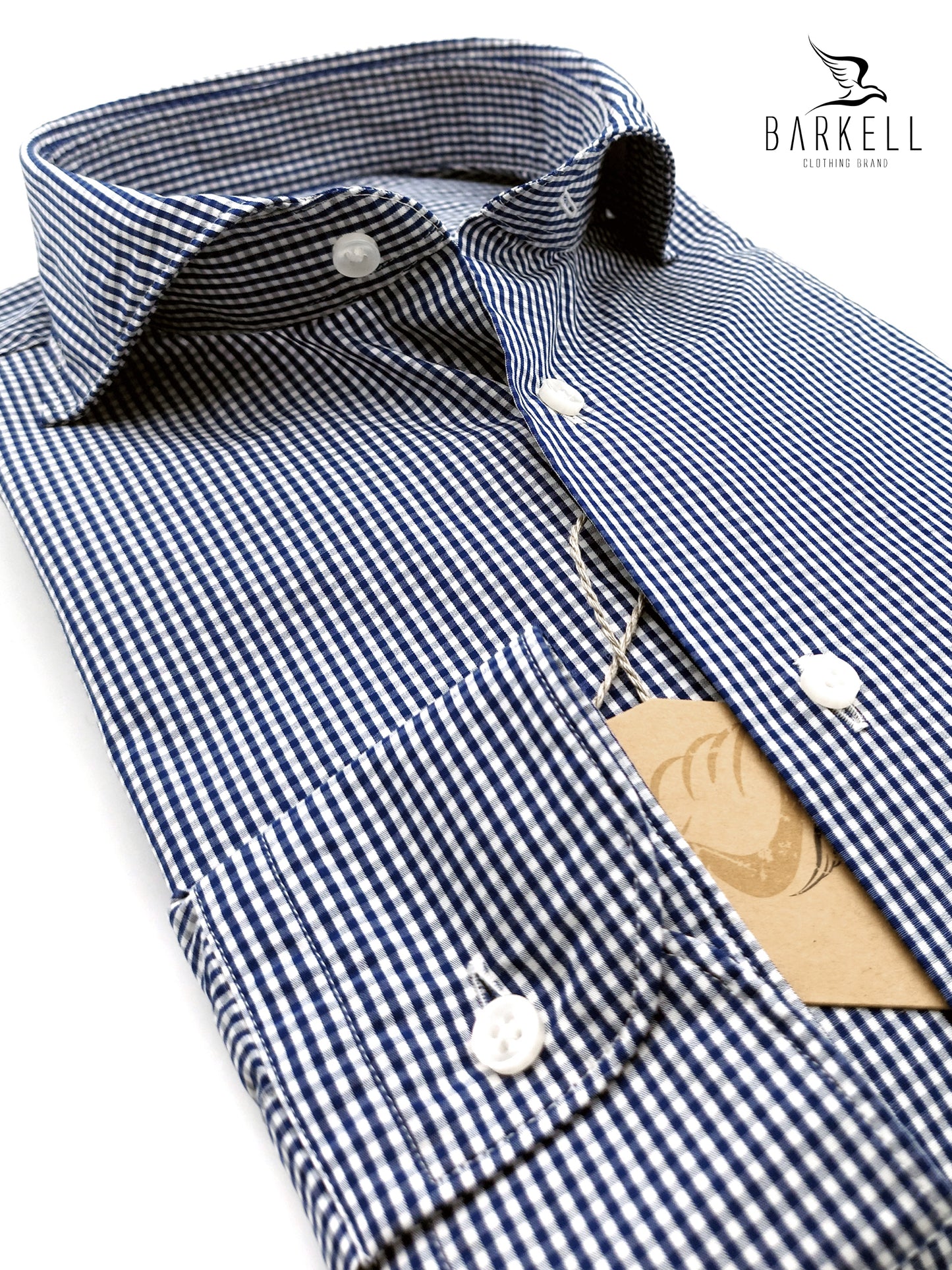Camicia in Cotone Quadrettino Blu e Bianco Collo Francese Cutaway