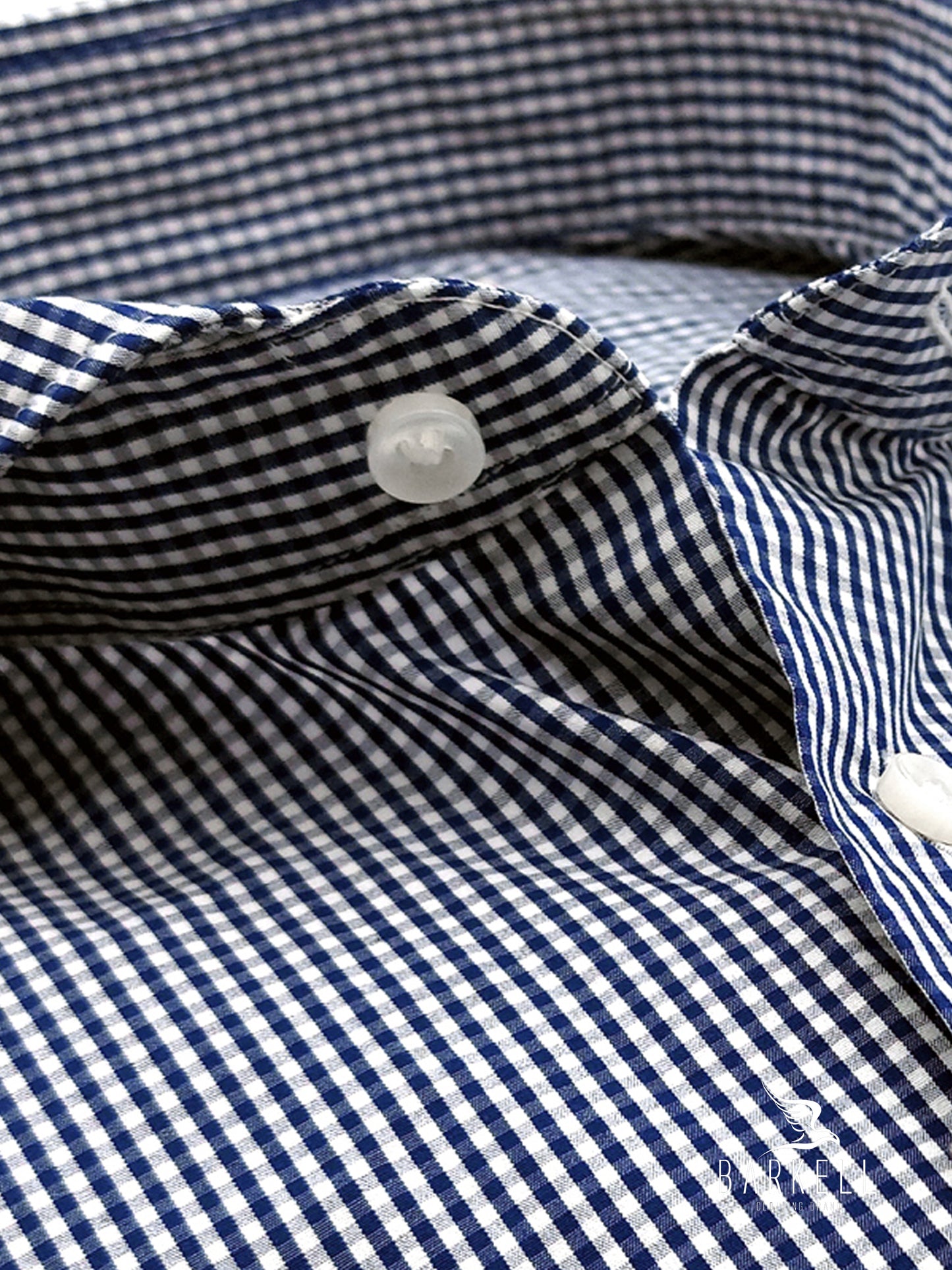 Camicia in Cotone Quadrettino Blu e Bianco Collo Francese Cutaway