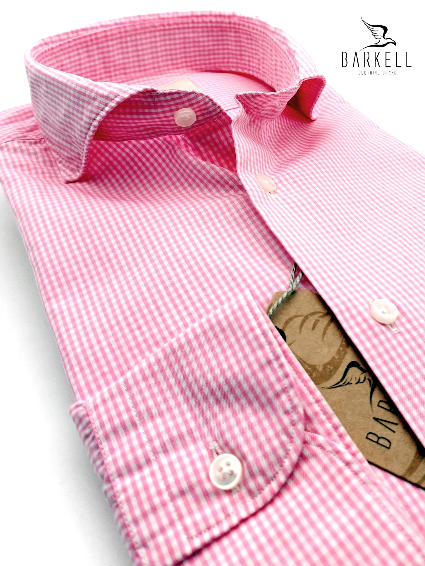 Camicia in Cotone Quadrettino Pink e Bianco Collo Francese Cutaway