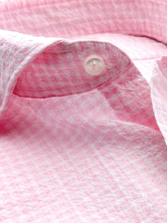 Camicia in Cotone Seersucker Quadretto Rosa e Bianco Collo Francese Cutaway