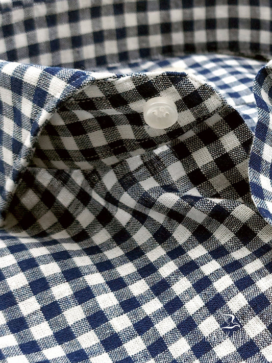 Camicia in Misto Lino Quadro Blu e Bianco Collo Francese Cutaway