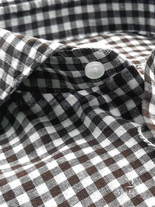 Brown and White Checkered Linen Blend Shirt with Cutaway Spread Collar