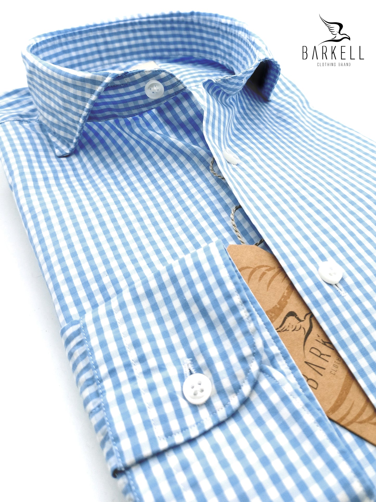 Camicia in Cotone Quadretto Celeste e Bianco Collo Francese Cutaway