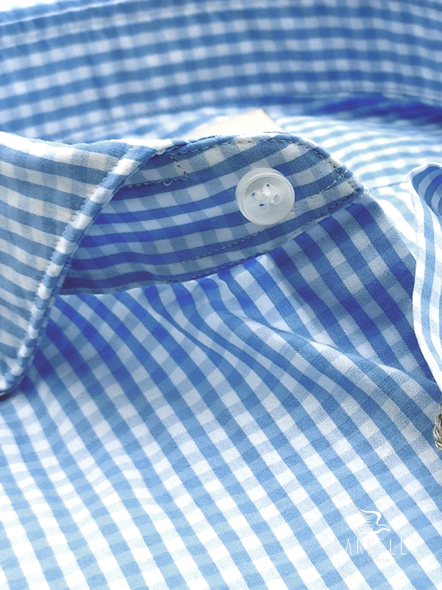 Camicia in Cotone Quadretto Celeste e Bianco Collo Francese Cutaway