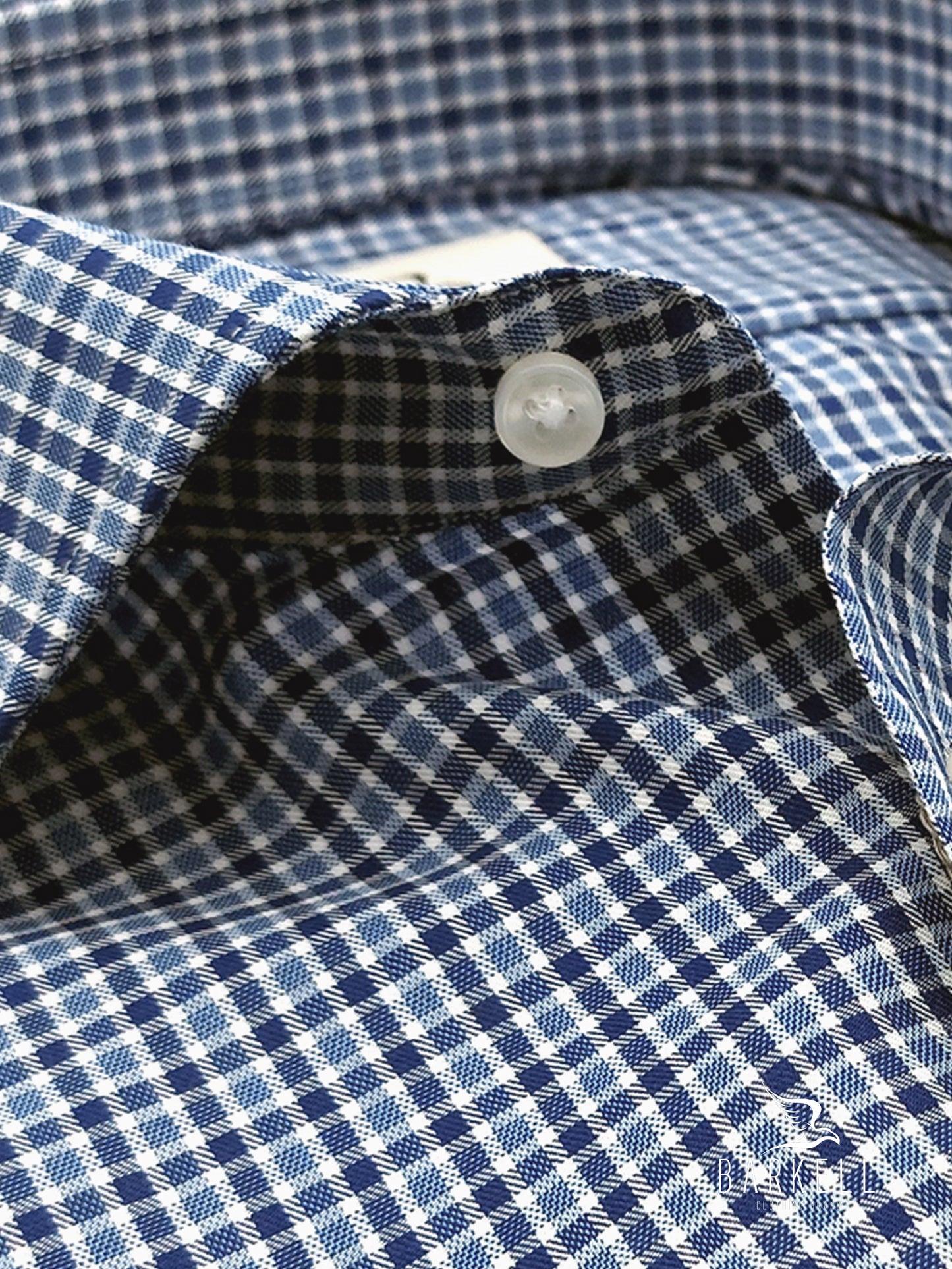 Camicia in Cotone Quadretto Blu e Avio Collo Francese