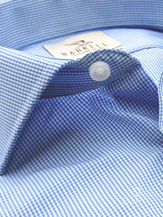 No-Iron Cotton Shirt with Light Blue Check on White Background with French Collar