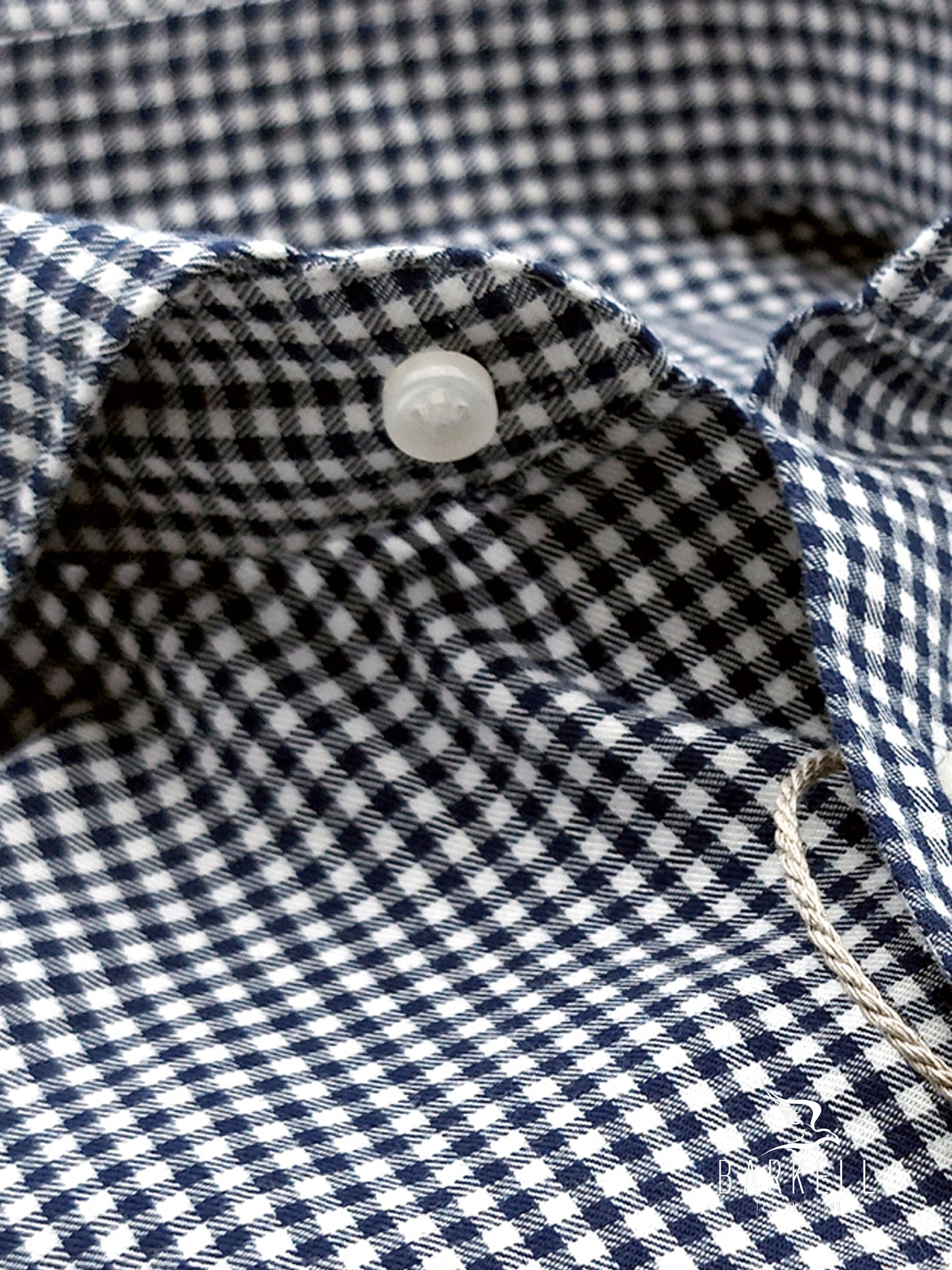 Camicia in Cotone Flanellato Quadretto Bianco e Blu Collo Francese Cutaway