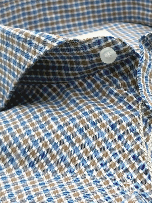 Hazelnut and light blue checked cotton shirt with cutaway spread collar