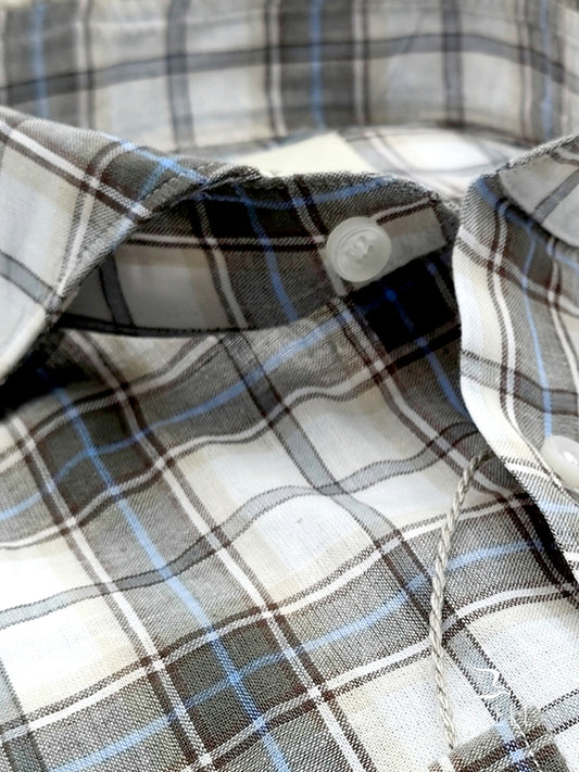 Camicia in Misto Lino Quadro Multicolore Fondo Bianco Collo Francese Cutaway