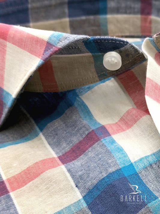 Camicia in Misto Lino Quadro Multicolore Collo Francese Cutaway