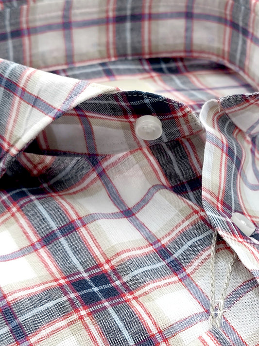 Camicia in Misto Lino Quadro Multicolore Fondo Bianco Collo Francese Cutaway