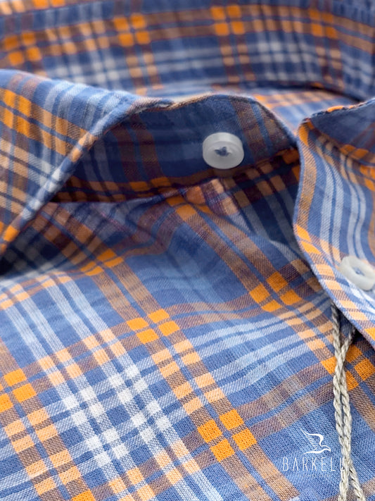 Camicia in Misto Lino Quadro Multicolore Fondo Azzurro Collo Francese Cutaway