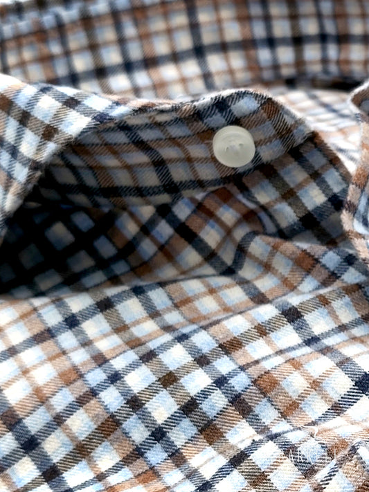 Multicolored checked flannel cotton shirt with ivory background, cutaway spread collar