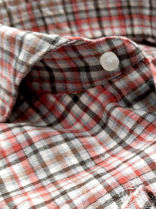 Multicolored checked flannel cotton shirt with ivory background, cutaway spread collar