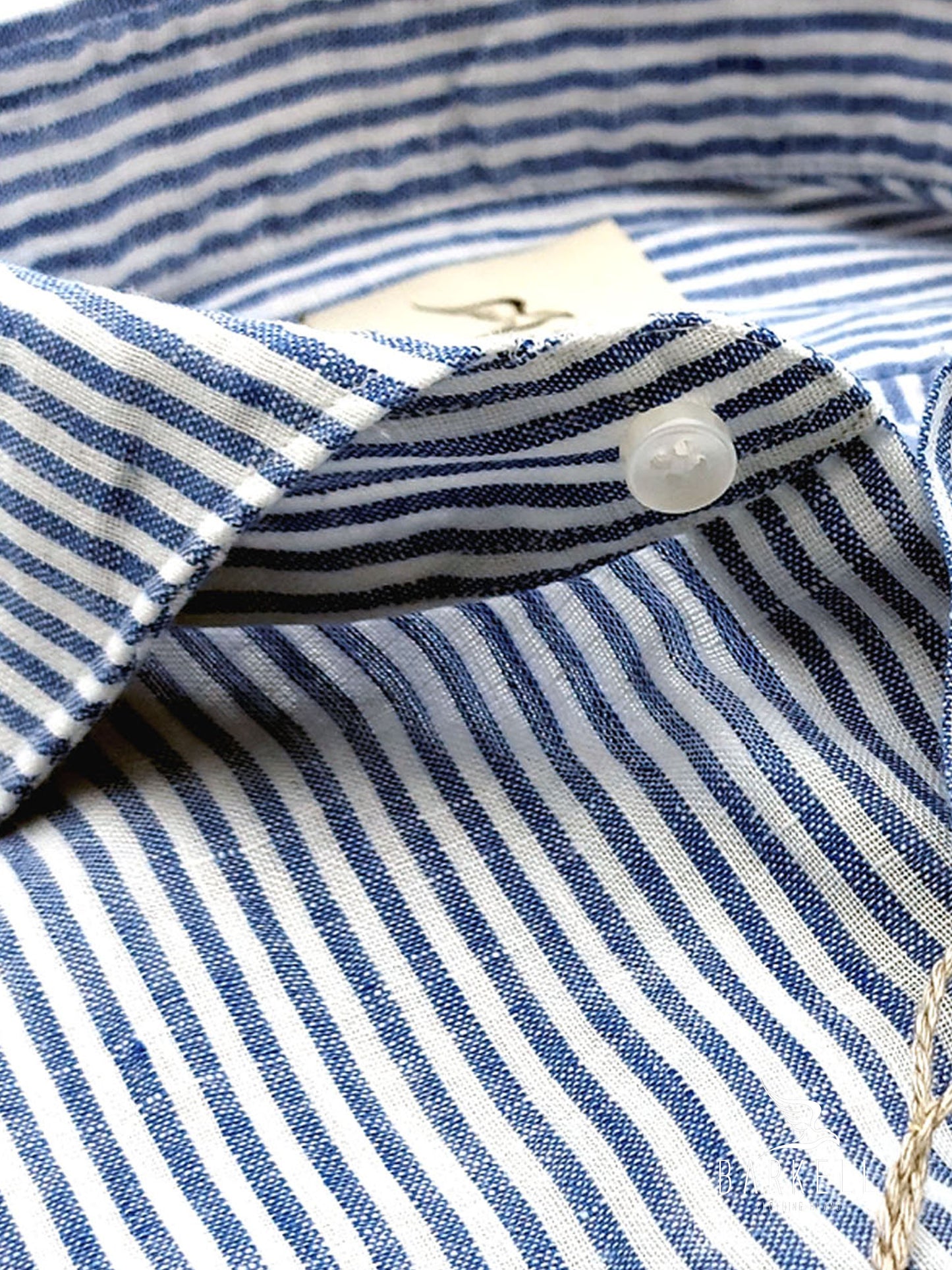 Camicia in Puro Lino Rigato Bianco e Blu Collo Francese Cutaway