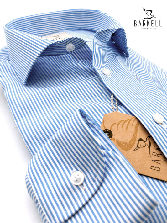 Camicia in Cotone No Stiro Rigata Celeste e Bianco Collo Francese