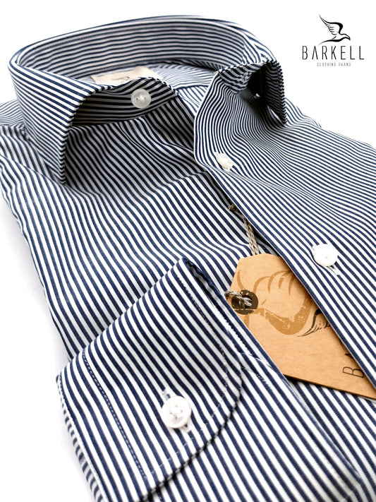 Camicia in Cotone No Stiro Rigata Blu e Bianco Collo Francese