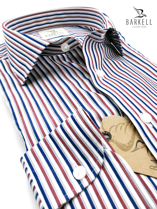 Camicia in Cotone No Stiro Rigata Blu e Rosso Fondo Bianco Collo Francese