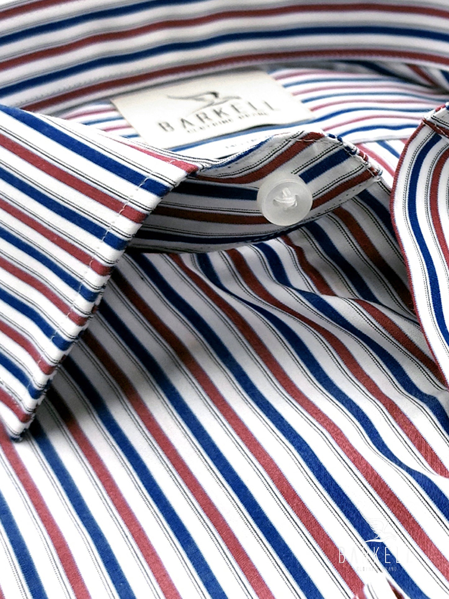 Camicia in Cotone No Stiro Rigata Blu e Rosso Fondo Bianco Collo Francese